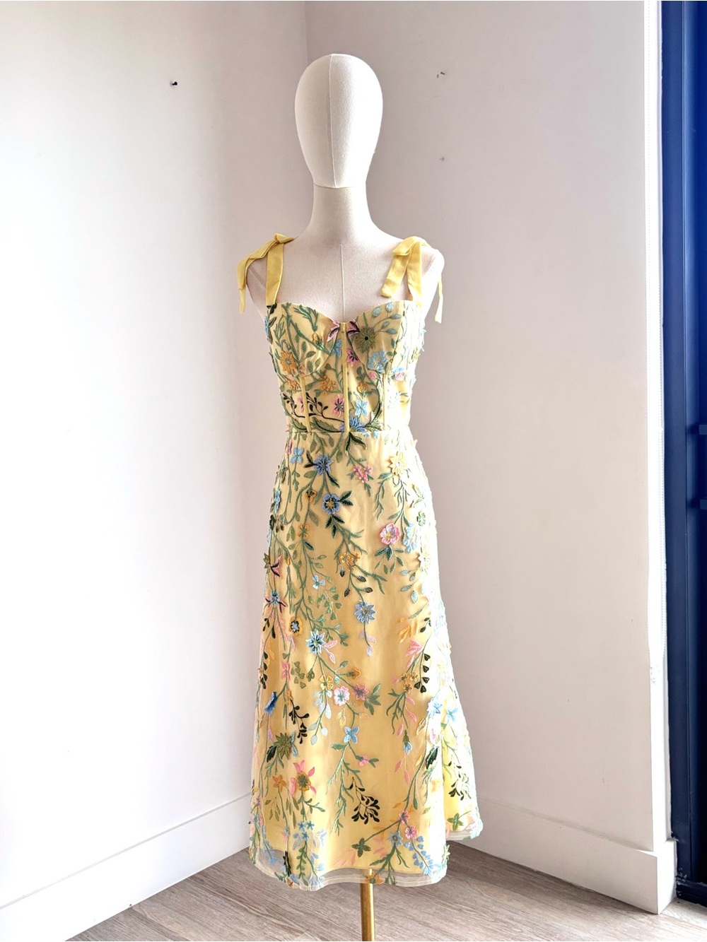 Azazie Yellow Floral Embroidered Tie-Shoulder Midi Dress